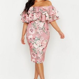 BOO HOO pink off the shoulder floral dress
